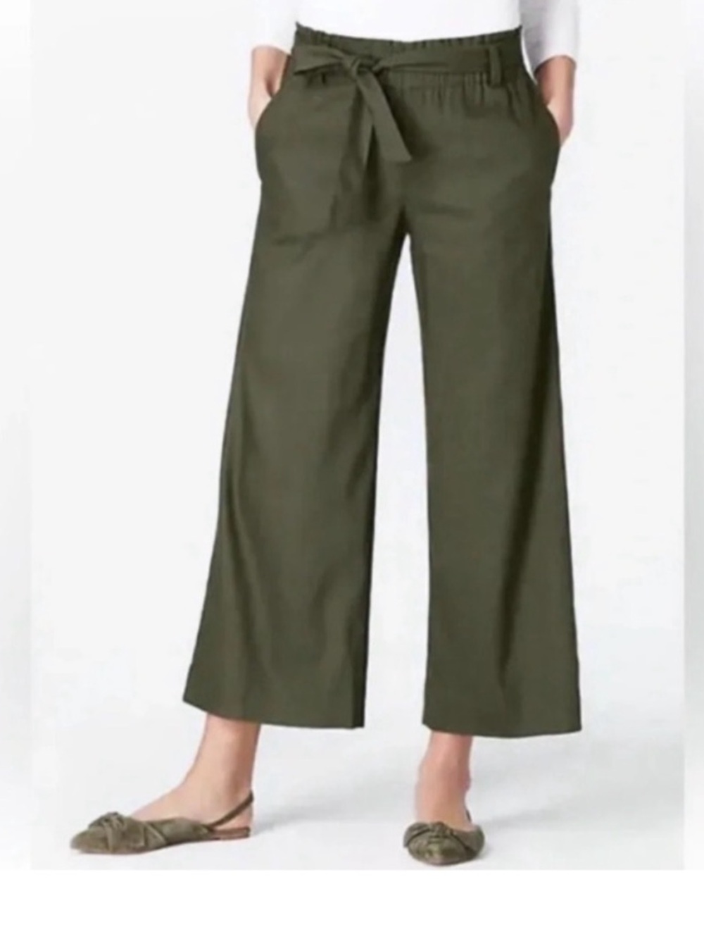LOFT Olive Cropped Wide-Leg Tie-Waist Pants linen blend